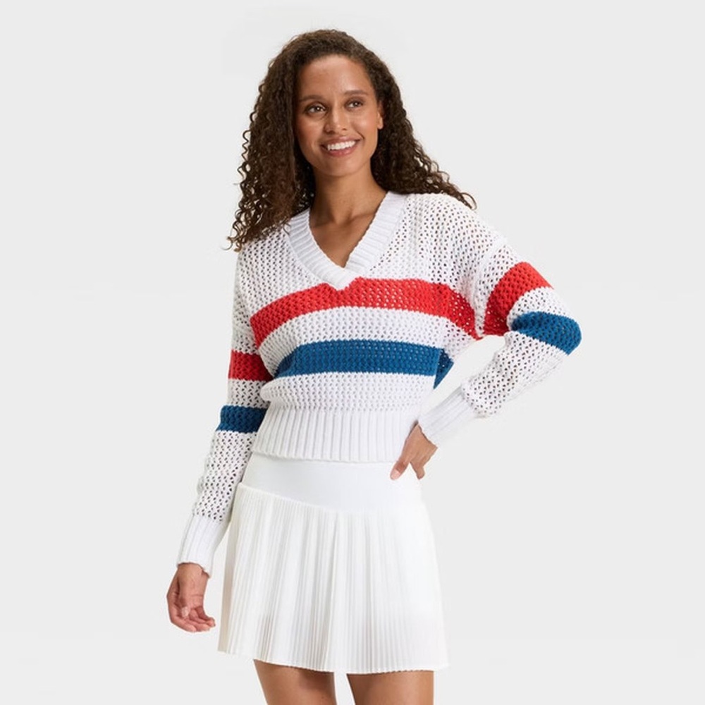 JoyLab White Sweater with Red and Blue Stripes
